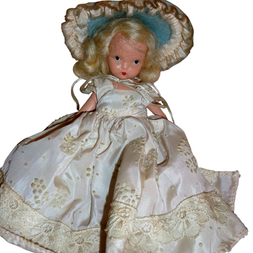 Vtg Nancy Ann Storybook Doll Bisque Blonde Painted White Shoes Floral Dress 5"